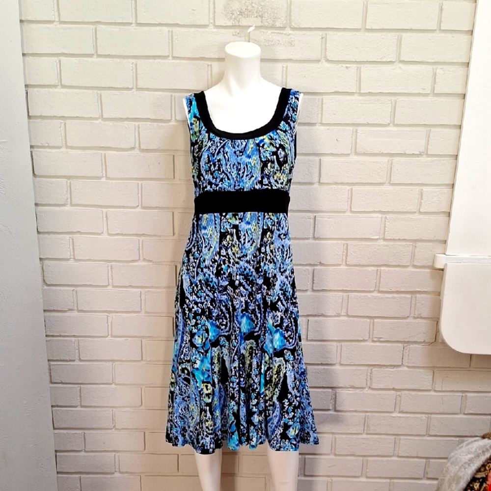 Perceptions Elegant Blue and Black Sleeveless Flowy Midi Dress. Size 10 NWOT